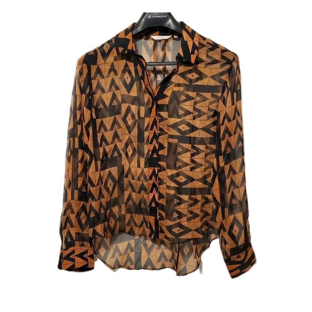 Zoa New York Sheer Brown Black Abstract Geometric Blouse High Low Hem Size Med